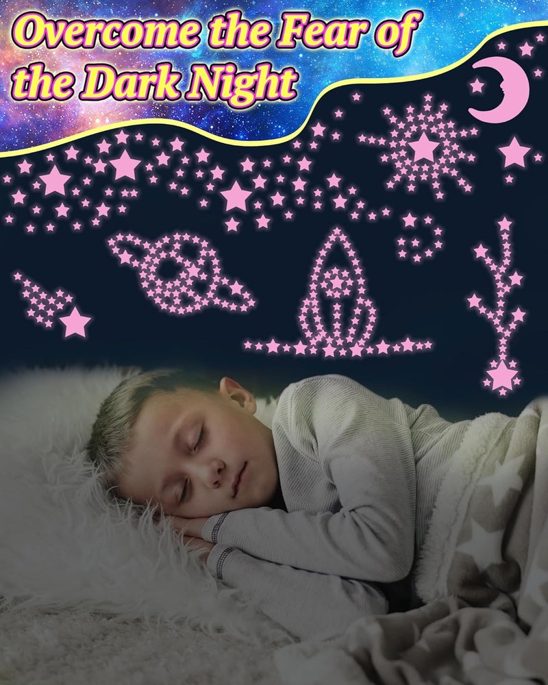 Oomloid 201 Pcs Glow in The Dark Stars Stickers for Ceiling, Toddler Stocking Stuffers Wall Room Decor Gifts, Luminous 3D Glowing Stars Easter Basket Stuffers for Kids Boys Girls - Pink - Image 2